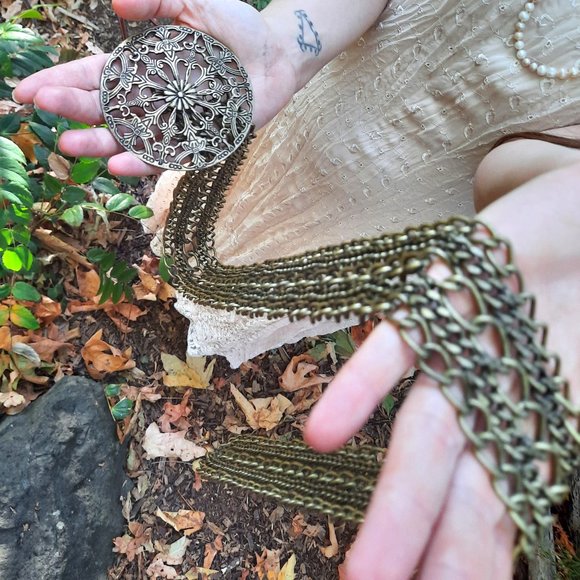 Medieval Wide Metal chain belt with beautiful goblincore leaf mandala main image 4